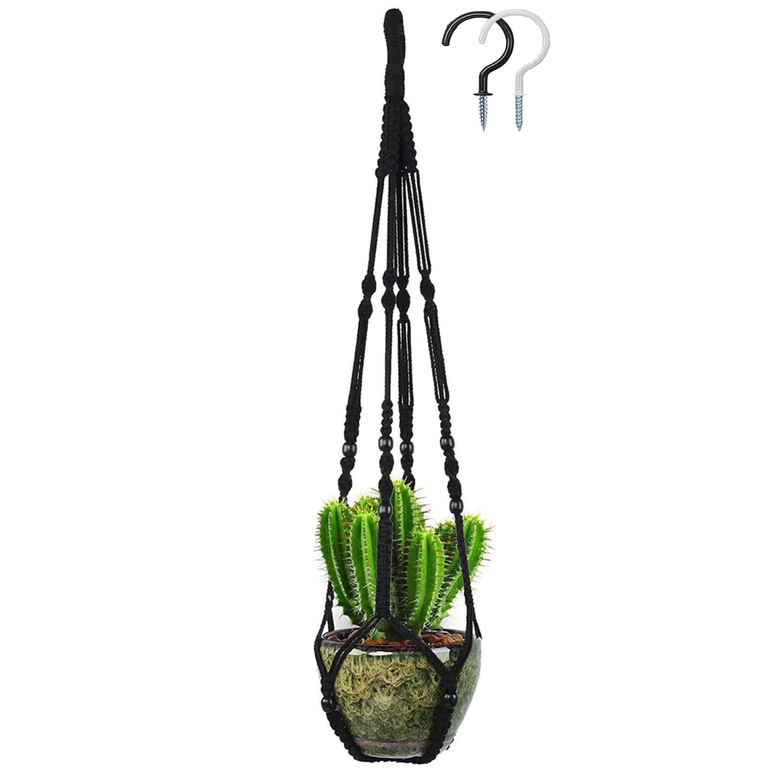 Macrame Plant Holder Indoor Outdoor Hanging Planter Hanger 35'' Ceiling Plant Hanger Boho Handmade Hanging Plant Cotton Rope with 2 Pcs Hooks for Home Balcony Decor, Fits Max 12'' Flower Pot Black