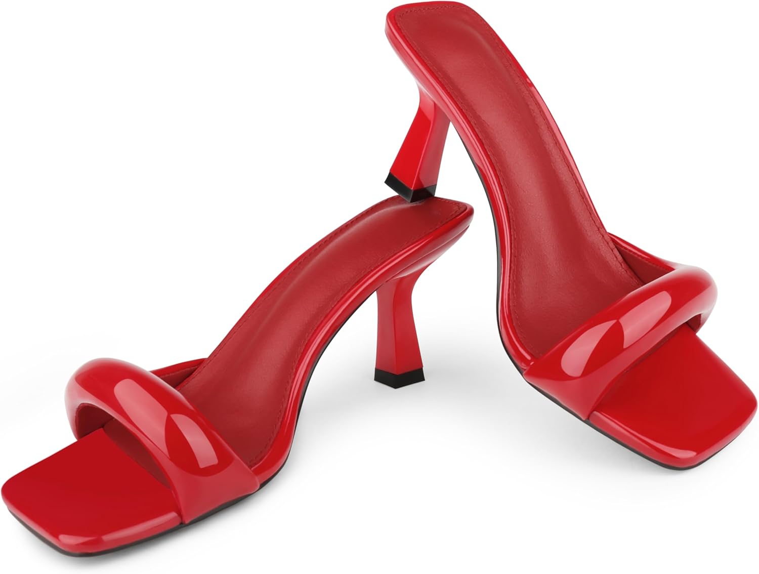 Women's High Heels Sandals Square Open Toe Heels Backless Slip on Heeled Mules for Party Wedding Red Patent US8 - Image 4
