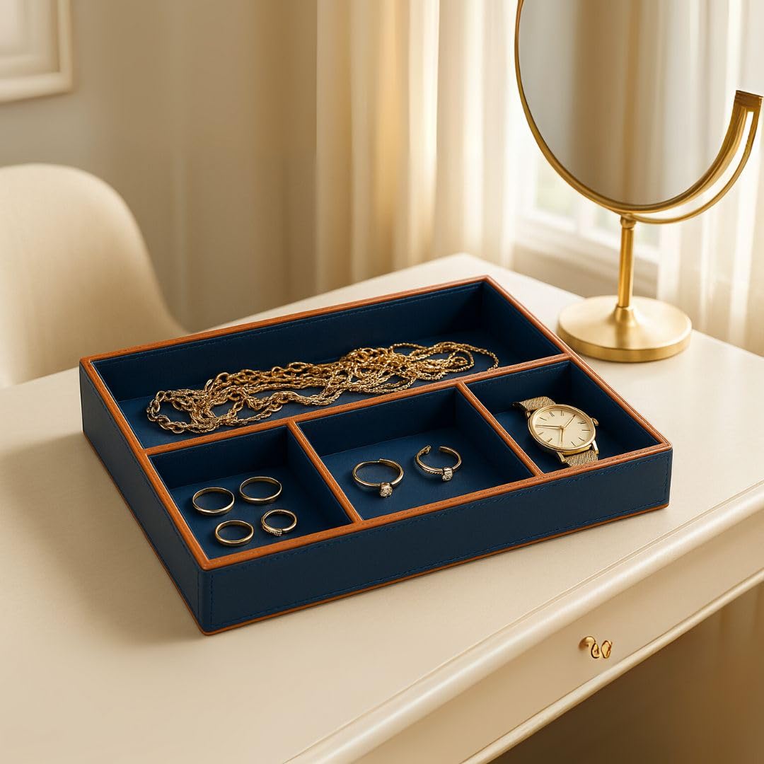 CASA BOTANICAL Desk Leather Organizer Tray with 4 Compartments Stylish | Perfect For jewellery Organizer, Office, Table, Bedside Tray, Cosmetic, and Decoration | Blue Multi-Functional Storage