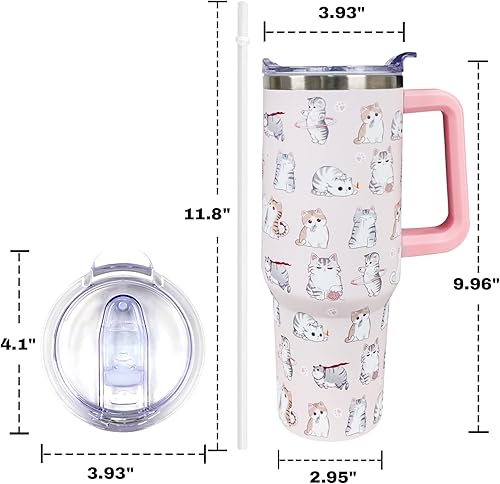 Miniatura 2 de muanns Vaso de viaje con tapa y pajita, de acero inoxidable, con diseño de gato rosa, con aislamiento al vacío, de 40 onzas, regalos para mujeres,