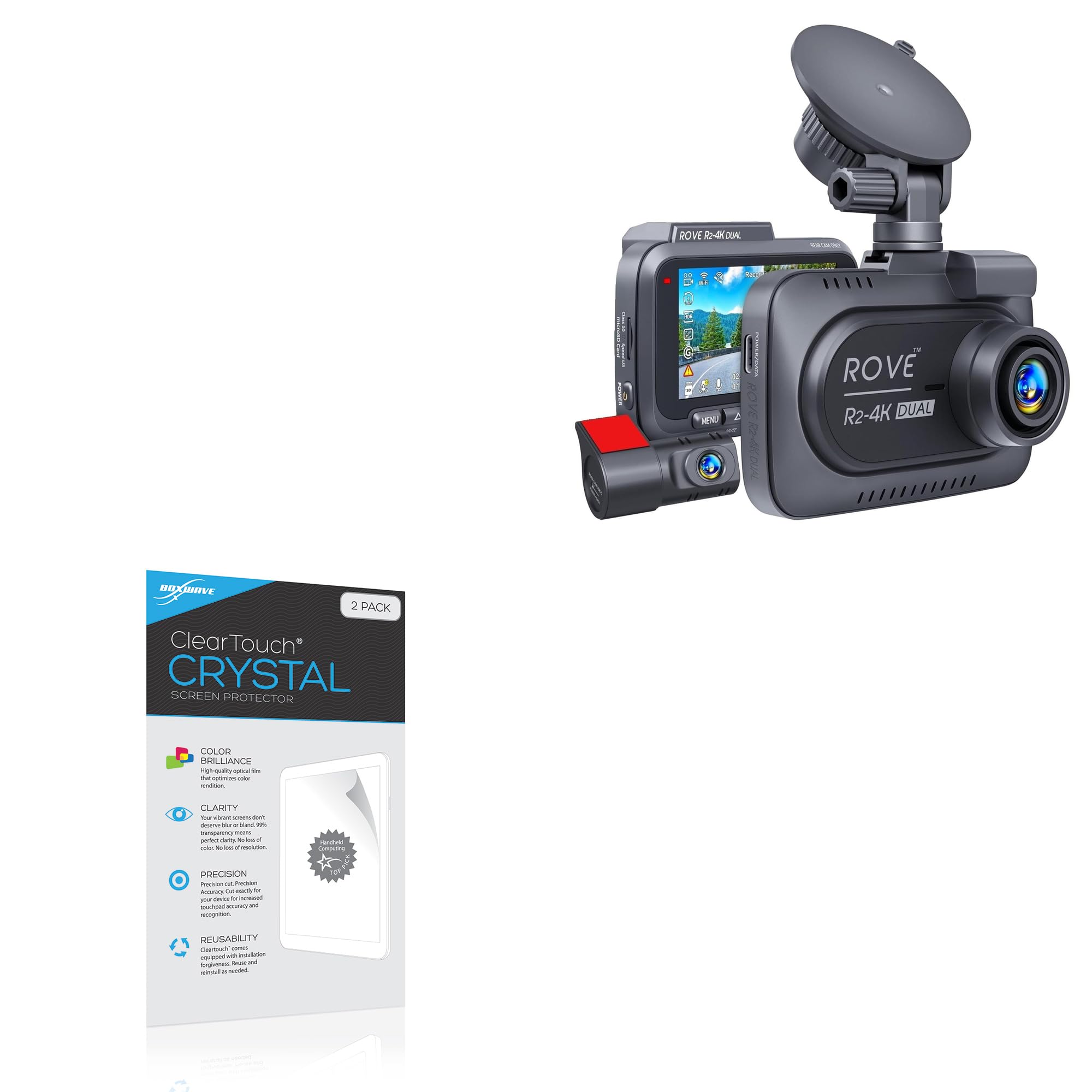 BoxWave Screen Protector Compatible with Rove R2-4K Dual Dash Cam - ClearTouch Crystal 2-Pack HD Film Skin -
