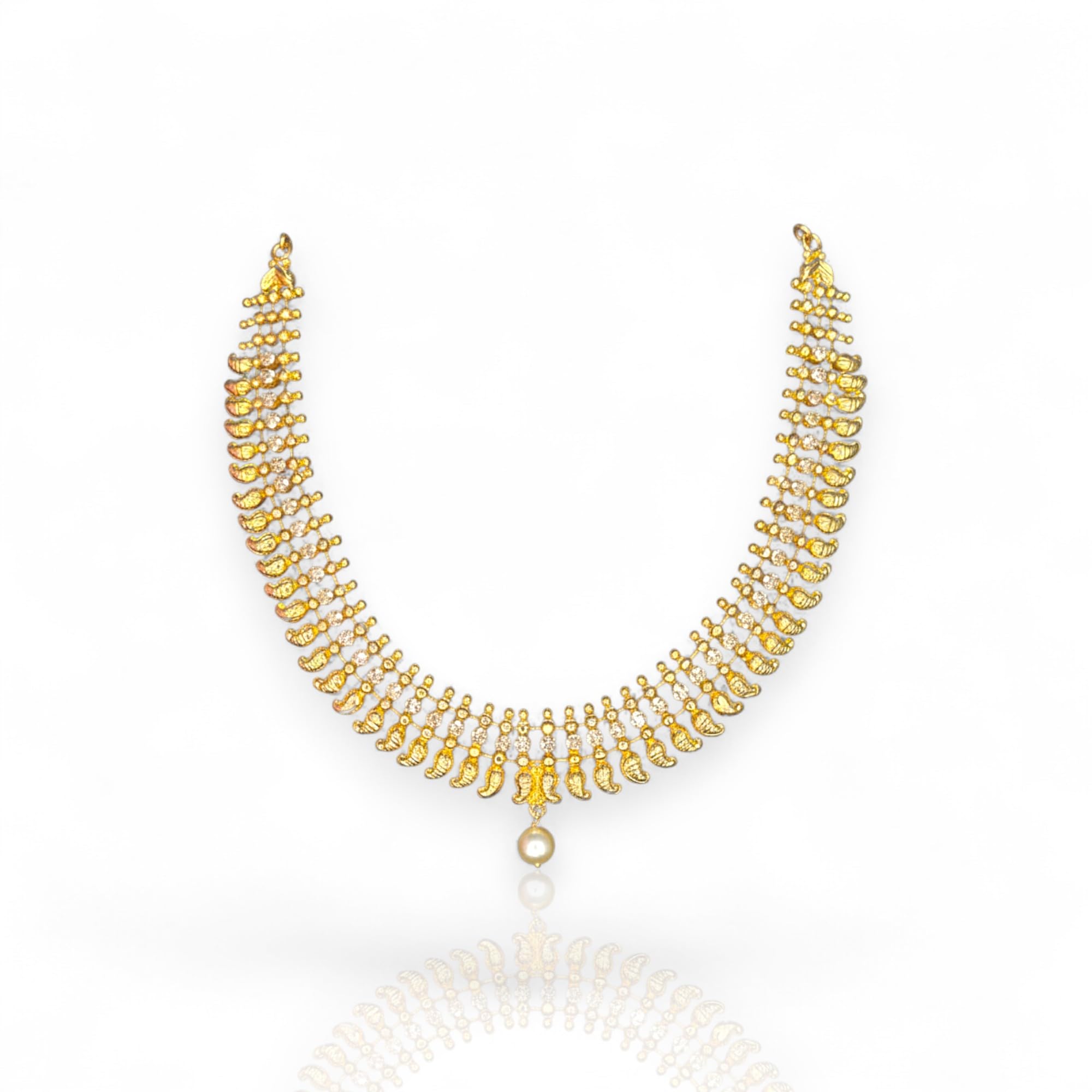 South Indian Bridal Necklace with Adjustable Back Chain | Mango & Stone Design | Great for Special Gatherings | (Crystal White, Short Necklace)