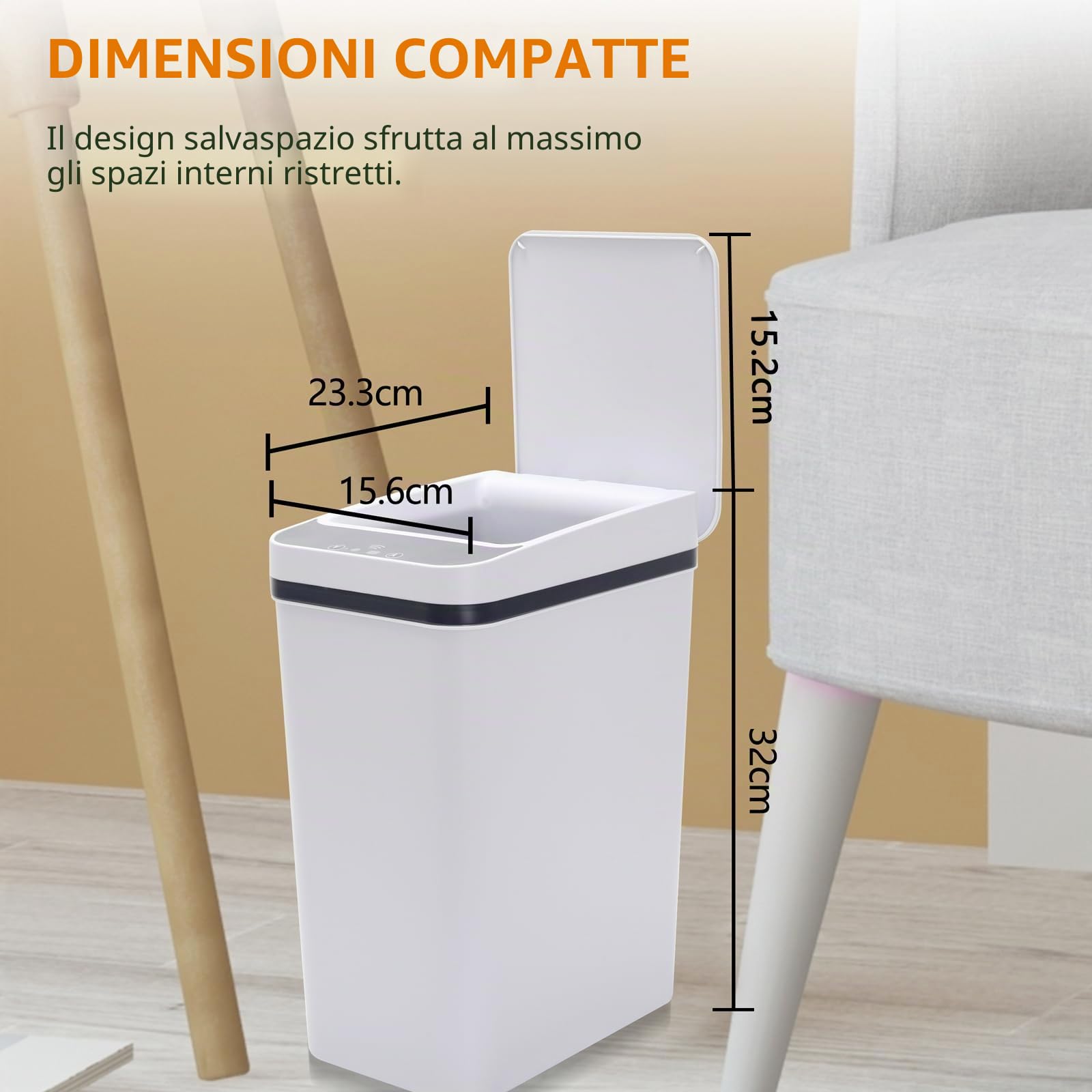 Pattumiera a Sensore 8L, Bidone Spazzatura Piccola con Coperchio, Cestino Spazzatura Intelligente Senza Contatto, Alimentata a Batteria, per l'uso in Cucina Bagno WC Ufficio Hotel (Bianco)