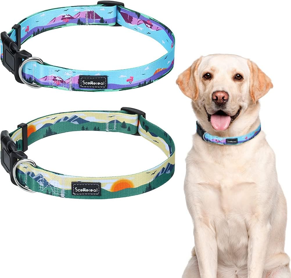 SCENEREAL Soft Dog Collar for Small Medium Large Dogs, Adjustable Comfortable with Quick Release Safety Buckle, Cute Artistic Landscape Pattern