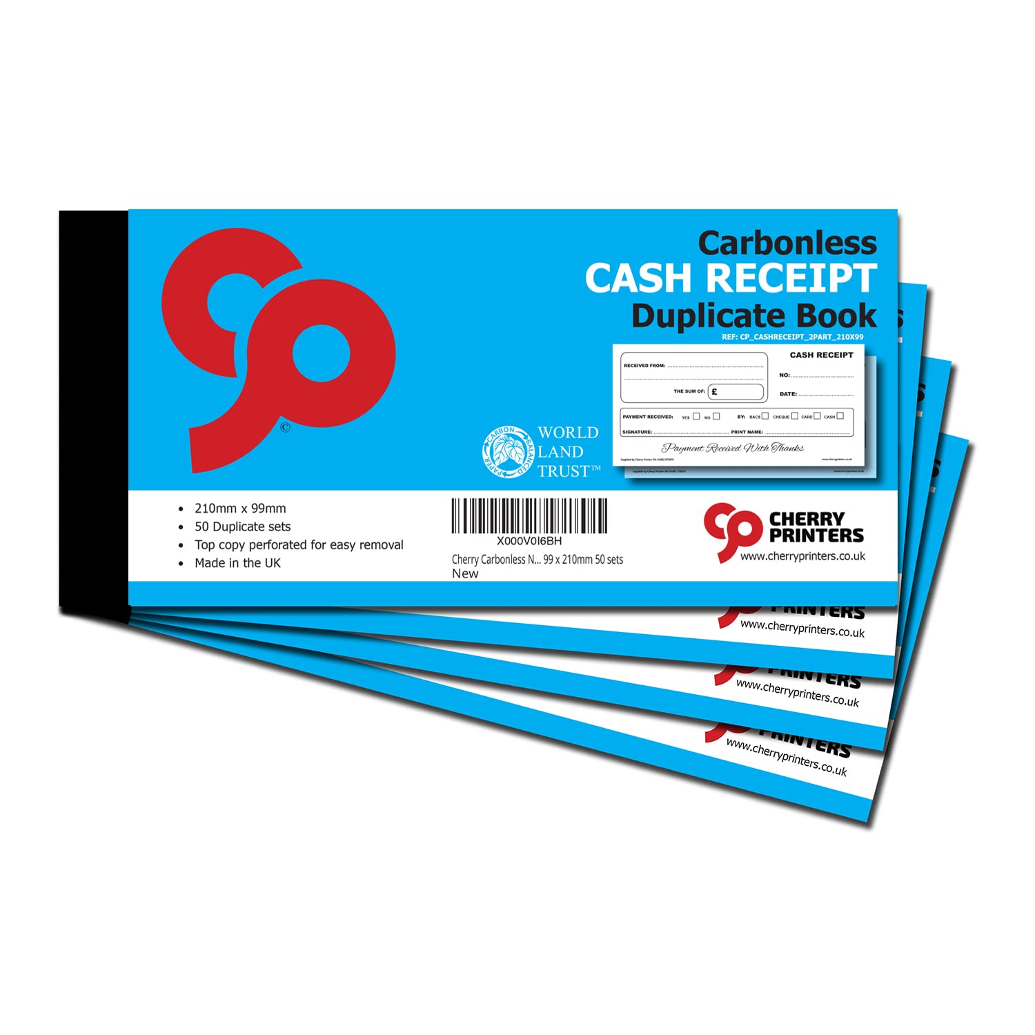 Cherry Carbonless NCR Money and Cash Receipt Book Duplicate 99x210 millimetres 50 Sets Perfect for Businesses and Childminding **4 Pack**