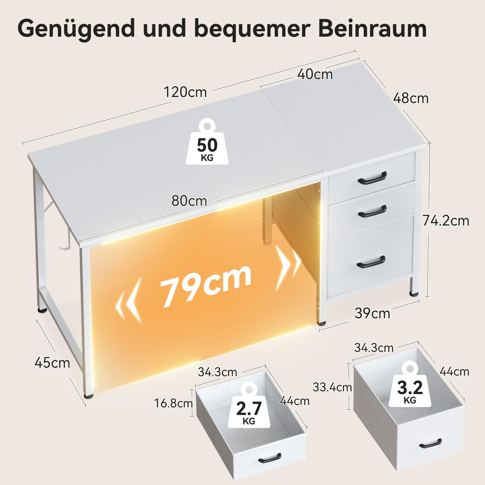 Coleshome Schreibtisch mit 3 Stoff Schubladen, 120x48cm Computertisch mit Kopfhörer Halter, Reversibler PC Schreibtisch Bürotisch für kleines Heimbüro, Weiß