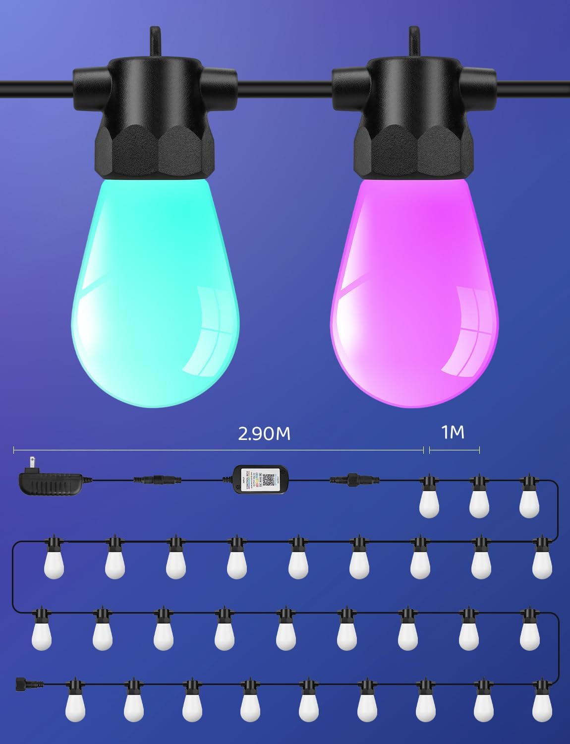 IP67 Waterproof DIY Design 100FT 30LEDS Smart RGB+IC Outdoor String Lights,Color Changing Bluetooth S14 LED Patio Lights with Remote&APP for Outside