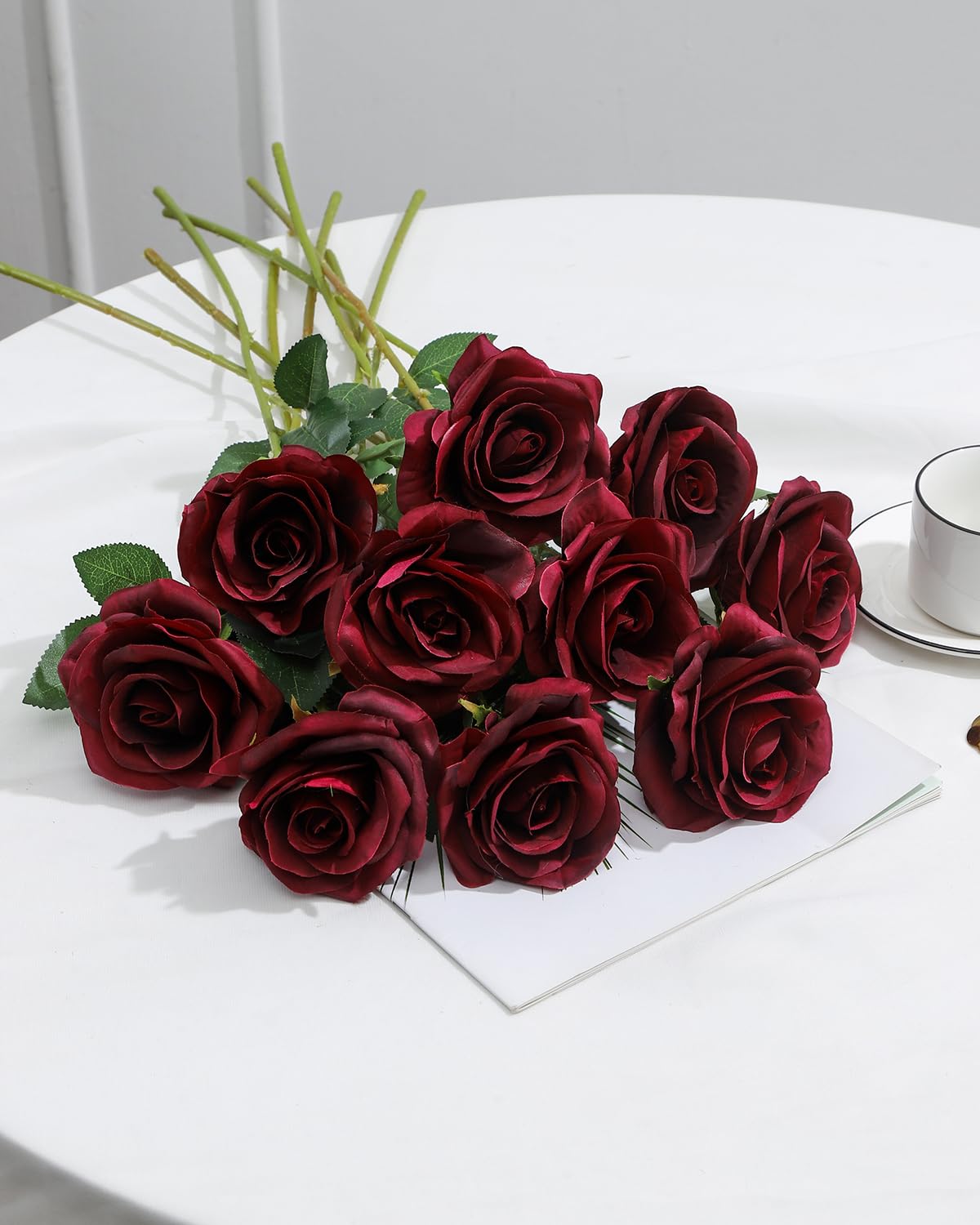 LEUCHTAMOR 10Pcs Artificial Roses Fake Silk Flowers Burgundy Realistic Bouquet for DIY Craft Flowers for Wedding Bridal Bouquets Arrangements Party Home Decorations - Image 4