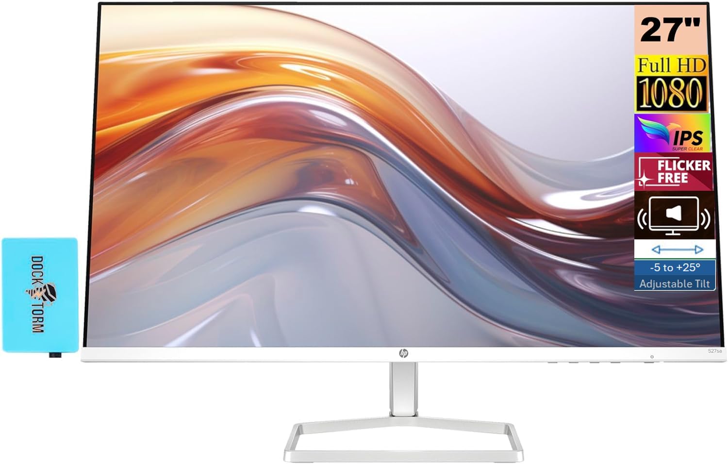 HP Series 5 527sa Monitor with Speakers (Replaces M27fwa) 27" 100Hz IPS FHD 99% sRGB 300 Nits Display, Adjustable Tilt, Flicker-Free, Anti-Glare, White/Silver w/DKZ USB Port Expander (2 Pack)