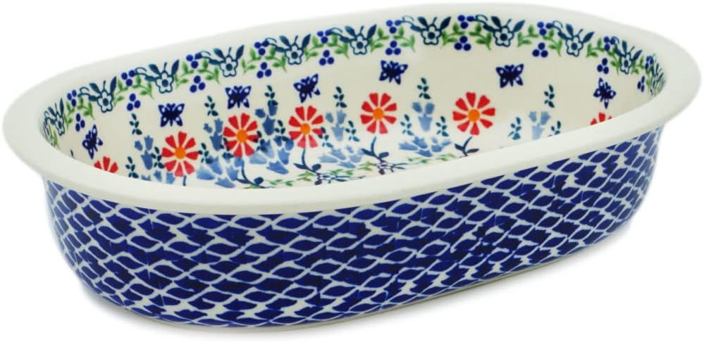 Polmedia Polish Pottery Oval Baker - Last Summer Flowers Pattern Handmade in Boleslawiec Poland + Certificate of Authenticity