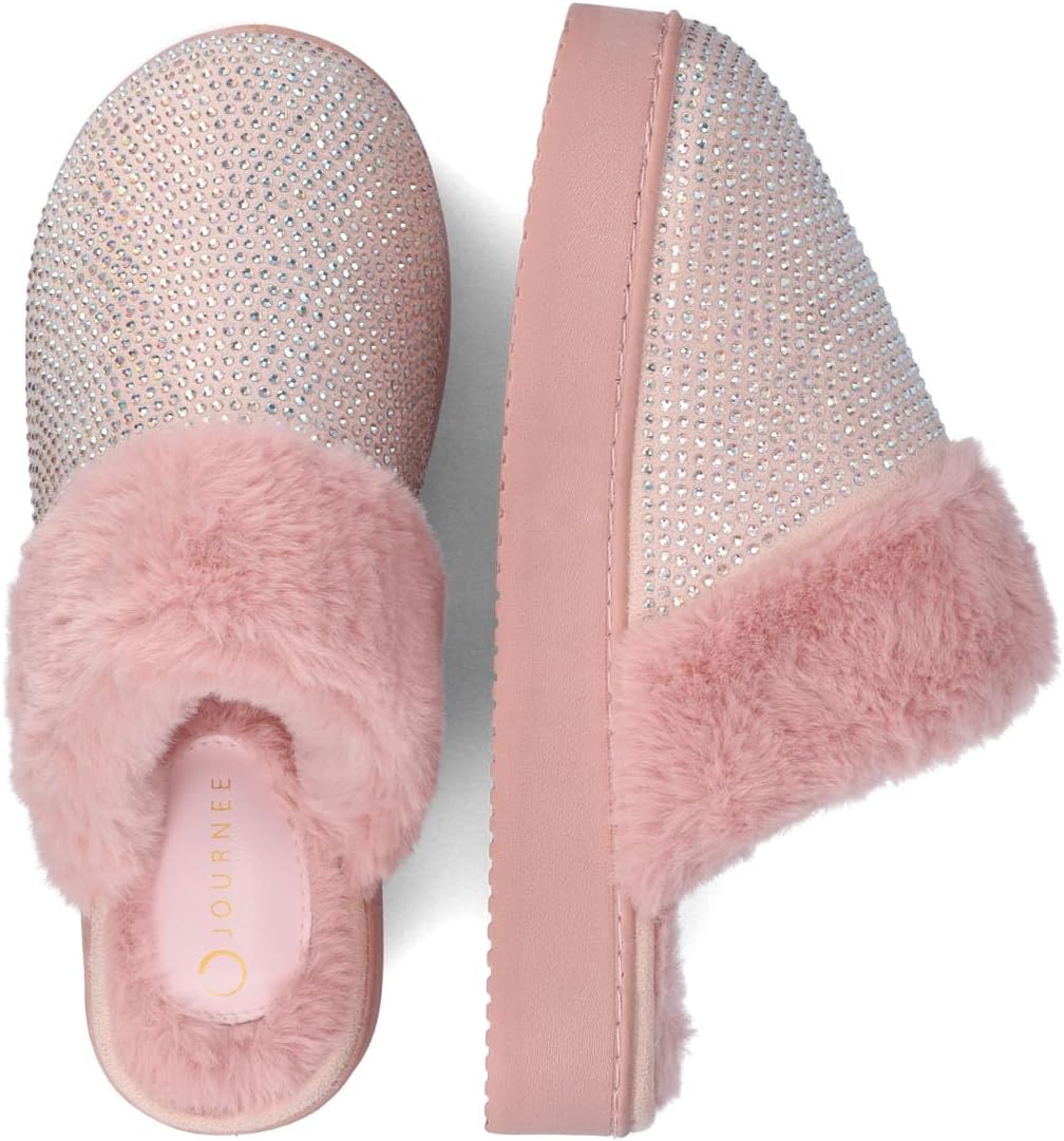 Journee Collection Womens Emmber Cushioned Rhinestone Clog Slippers Fur Lined Closed Toe Slip On with Durable Platform Sole