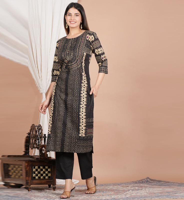 Akiko Women's Ikat Printed Straight Kurta with Pant & Dupatta for Summer