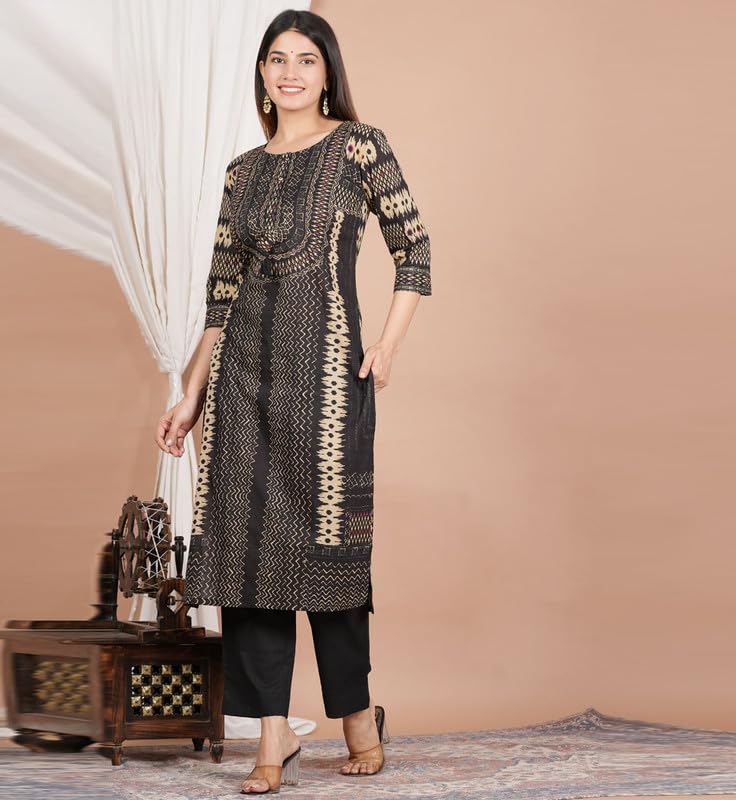 Akiko Women's Ikat Printed Straight Kurta with Pant & Dupatta for Summer2
