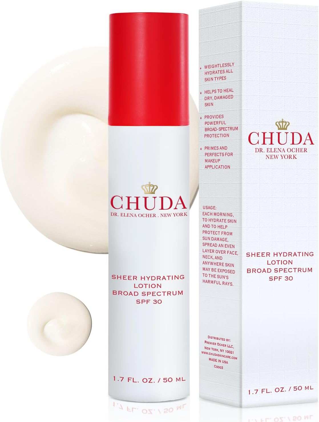 Chuda Sheer Hydrating Lotion Broad Spectrum Coverage SPF 30, 50ml Made in USA, Face Moisturizers with Remedea Compound, Light Cream Sunscreen for Sensitive Skin, Face Lotion Skin Care for Everyday Use