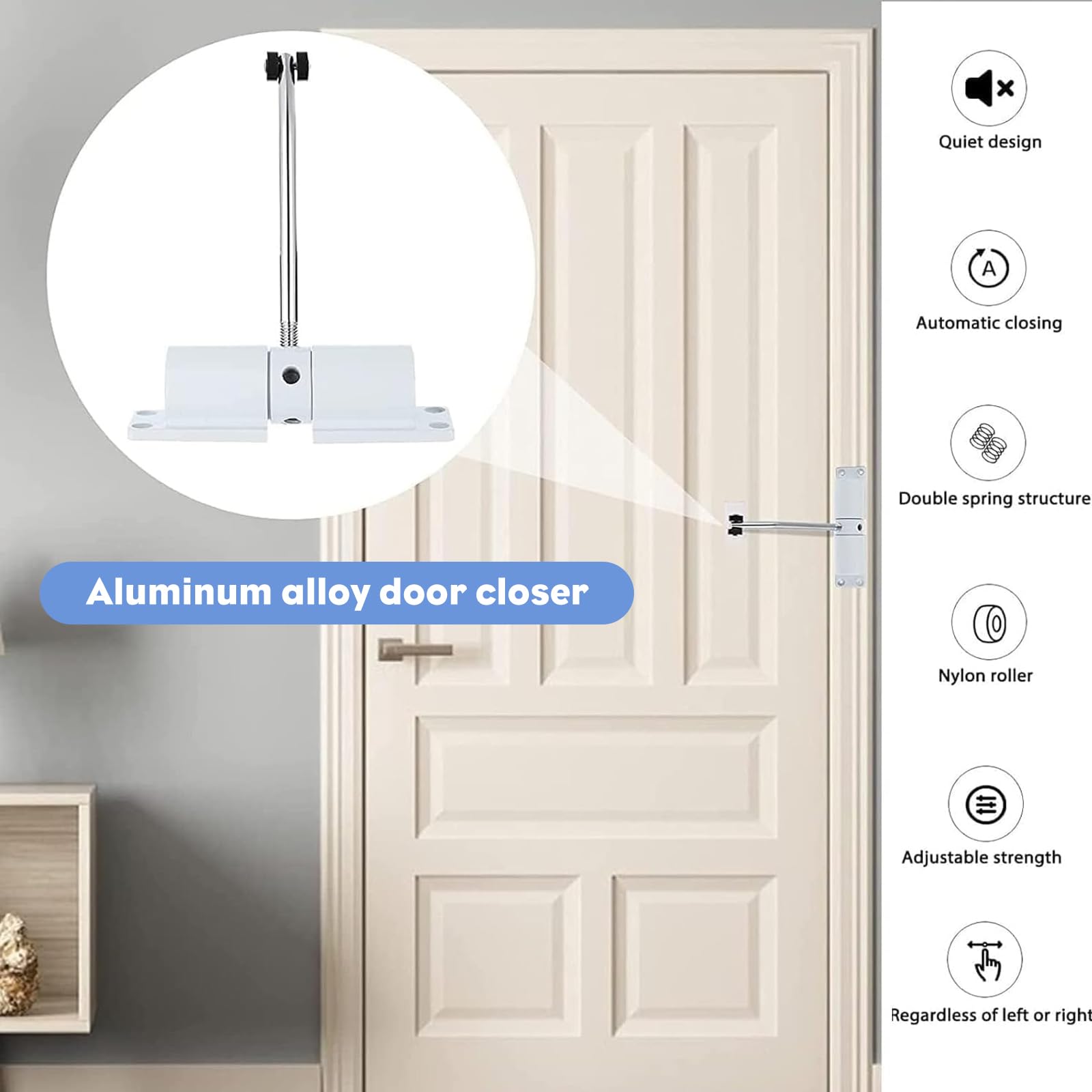 PCKOBEVER Spring Door Closer,Safety Automatic Door Closer,Adjustable Door Spring Closer Door Stopper for Commercial & Home Use,Quiet Auto Door Closing with Adjusting Rod and Screws (White) - Image 3