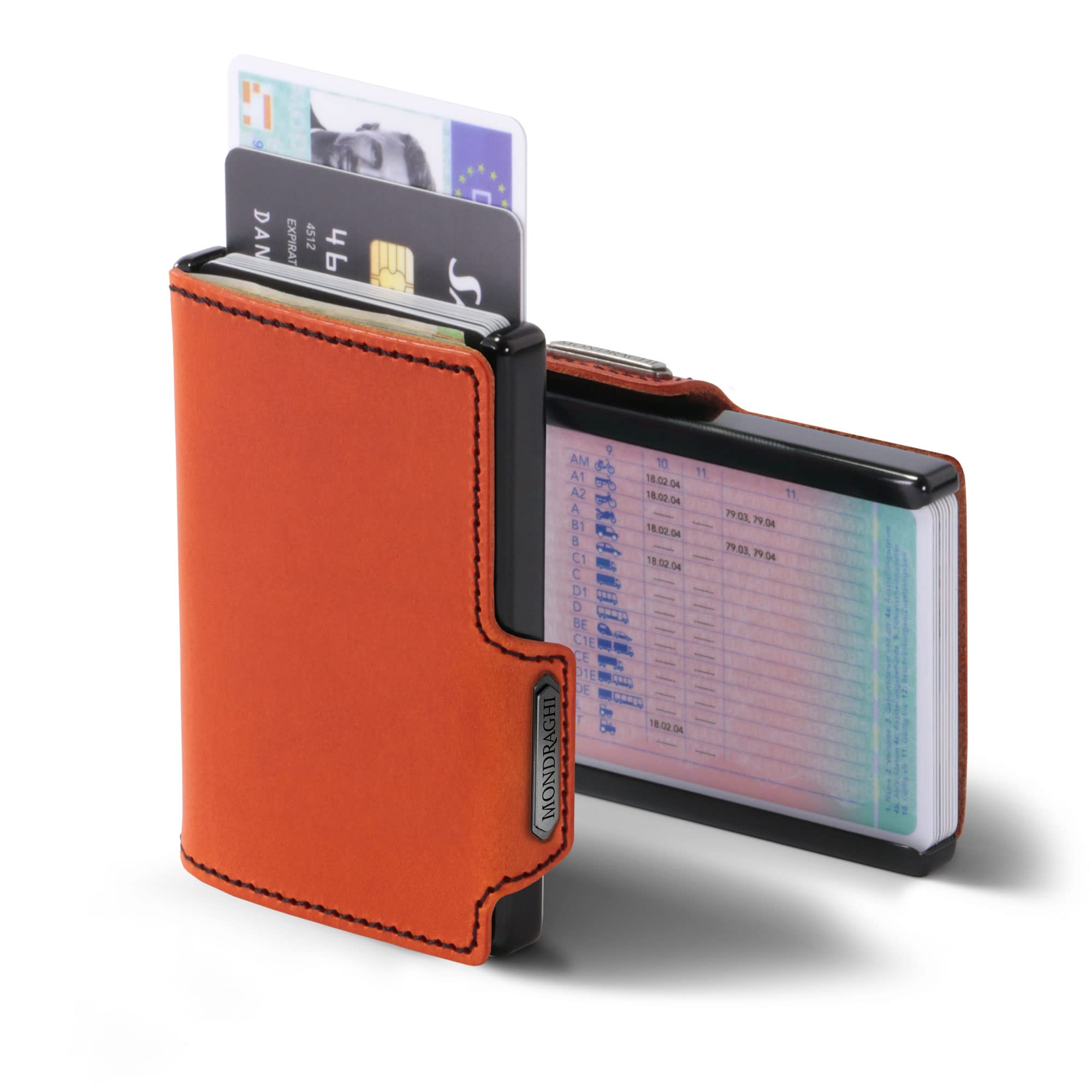 MONDRAGHI® Mini-Wallet. Ultraleichte Geldbörse mit Narbenleder. Kleiner Geldbeutel mit RFID-Schutz-Chip - Kartenetui mit Leichtmetallrahmen | Racing Orange