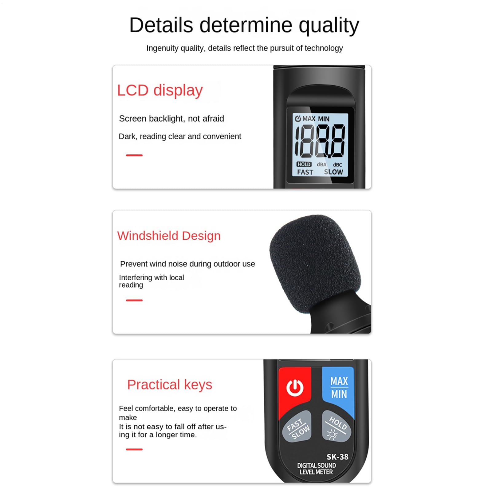Medidor de decibelios - Sensor de ruido de medición de ruido de 30-130dB | Medidor de decibelios para vecinos de ruido,Para clase, vecinos, en el coche, oficina, hogar, instrumentos musicales