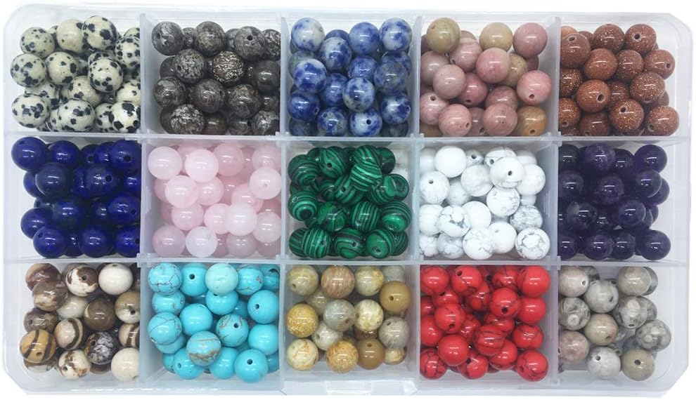 450pcs 8mm Natural Round Stone Beads Gemstone Beading Loose Gemstone Beads Hole Size 1mm DIY Smooth Beads for Bracelet Necklace Earrings Jewelry Making,Box Packed (15 Material-1, 8mm) 15 Material-1, 8mm 8mm