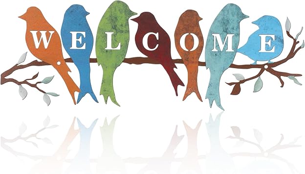 Peryiter Bird Wall Art Birds on Branch Welcome Sign Hanging Outdoor Metal Wall Decor Welcome Signs for Porch Vivid Statue Welcome Wall Decor Tree Silhouette for Bedroom Garden(Rustic Colors)