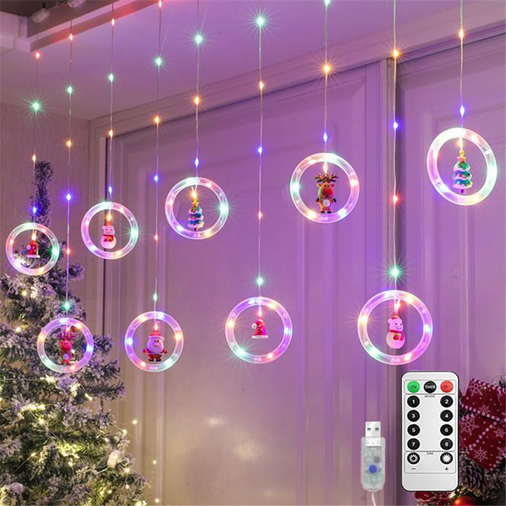 HADAVAKA Christmas Window Led Lights, Curtain Fairy Lights, with Remote Control, USB Powered, 8 Lighting Modes, Suitable for Xmas Party Bedroom Window Wall Decoration (Colour,Circle)