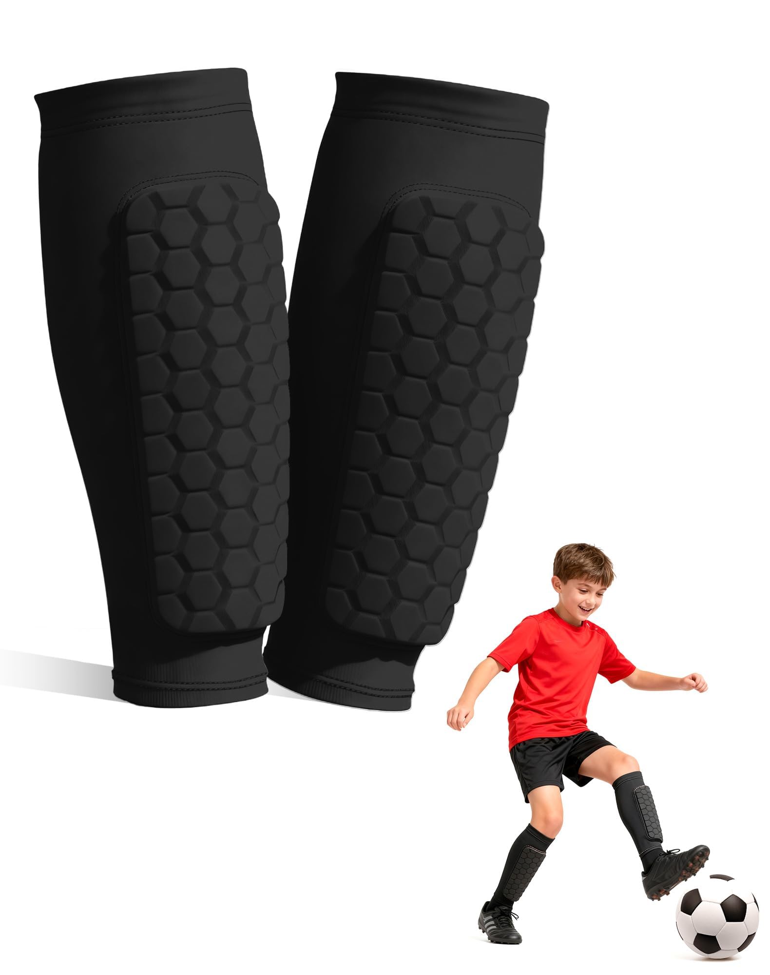 Ouxonix Black Kids Shin Pads for Football, Boys & Girls Football Shin Guards with Sleeve, Lightweight Slip-in Shin Guards for Ages 8-10 (S), Breathable, Lightweight — image 1
