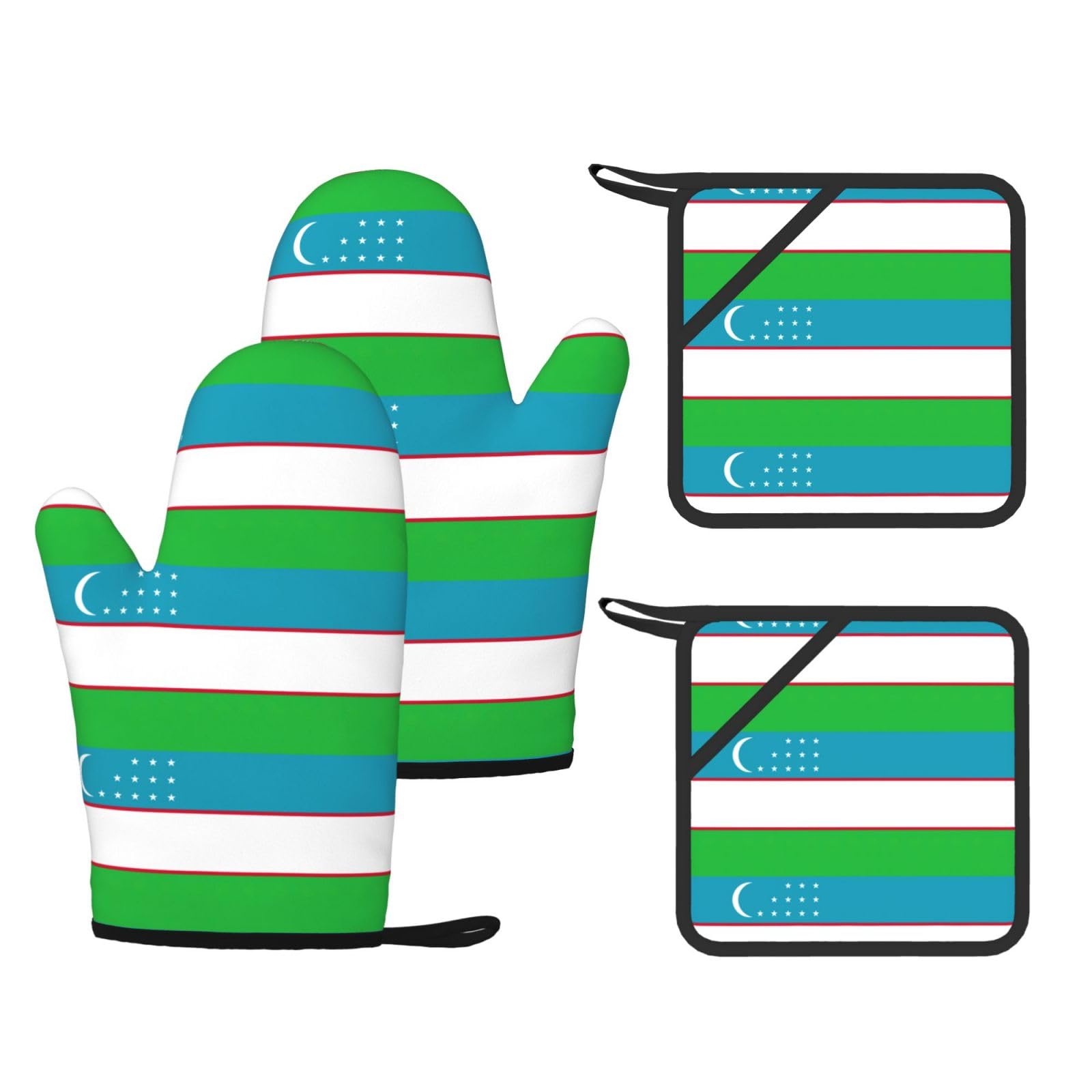 Flag of the Republic of Uzbekistan Printed Kitchen Oven Gloves and Potholder 4 Pcs, Non-Slip Heat Resistant Mitts for Baking Chef