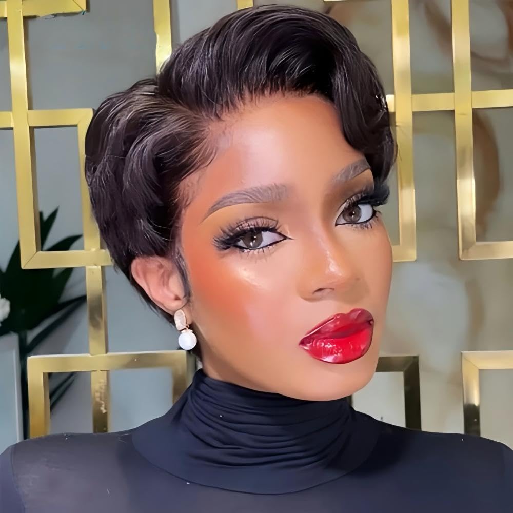 RICONEY Short Bob Lace Front Wig for Black Women Human Hair Pre Plucked Pixie Cut Wig 1B Color 150% Density