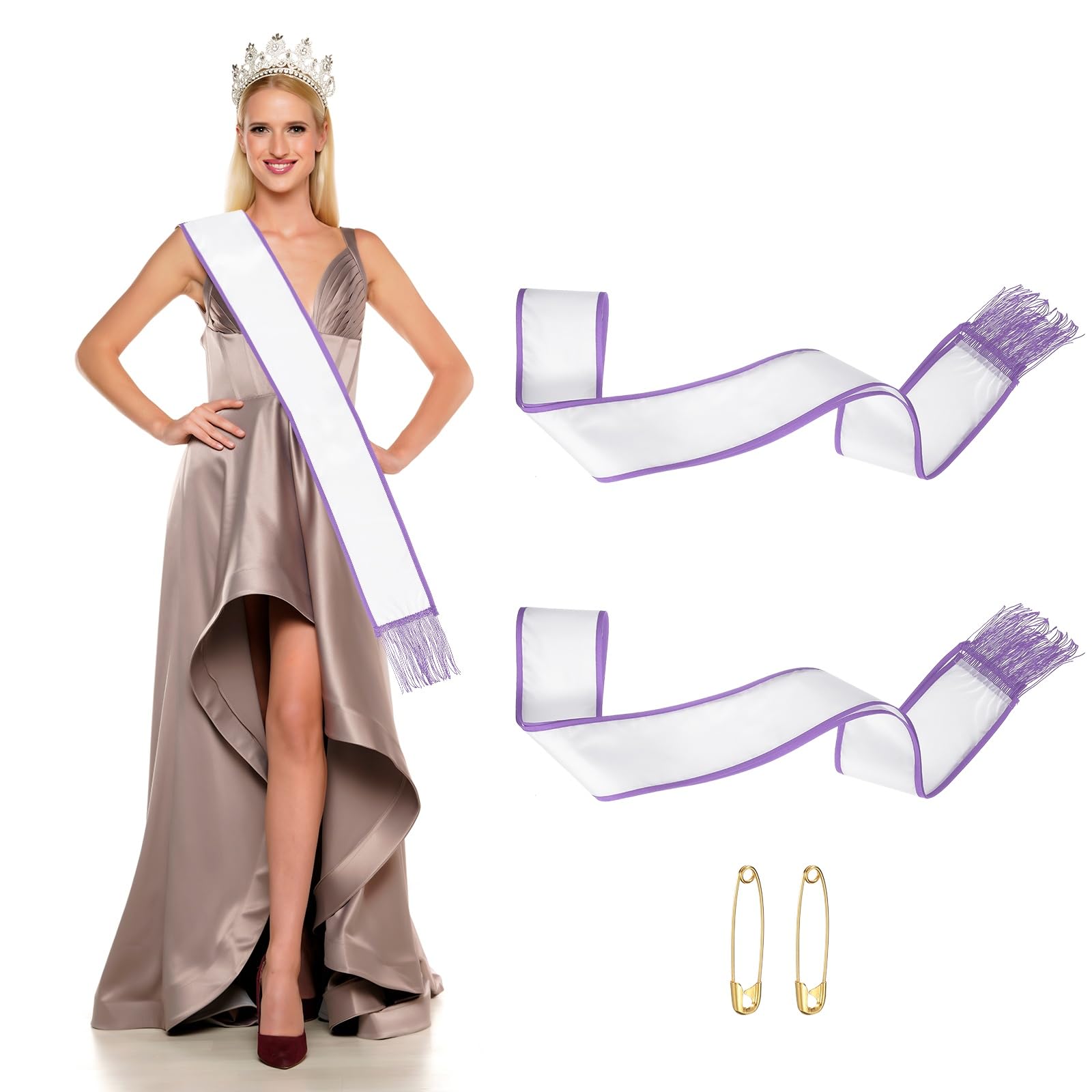 YELARXI Satin Sash with Tassels, Blank Sash, Pageant Ribbon - Fitting for (Beauty Pageant/Party/Wedding/Birthday/DIY Decorations) 2 Pack & Purple