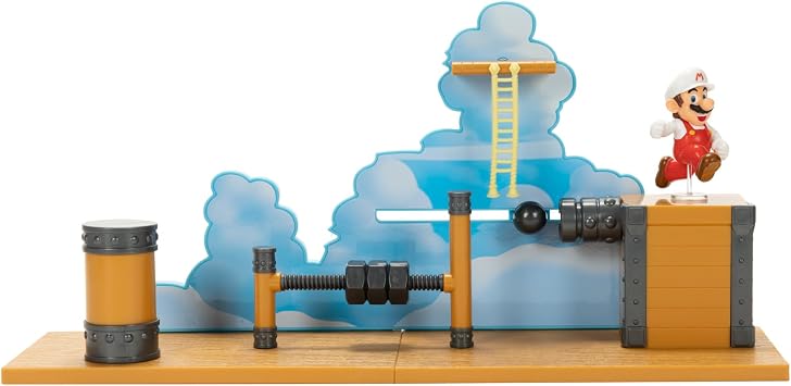 Super Mario Deluxe 2.5in Bowser's Air Ship Playset with Fire Mario Action Figure, Rope Ladder and Screw-Bolt Obstacles