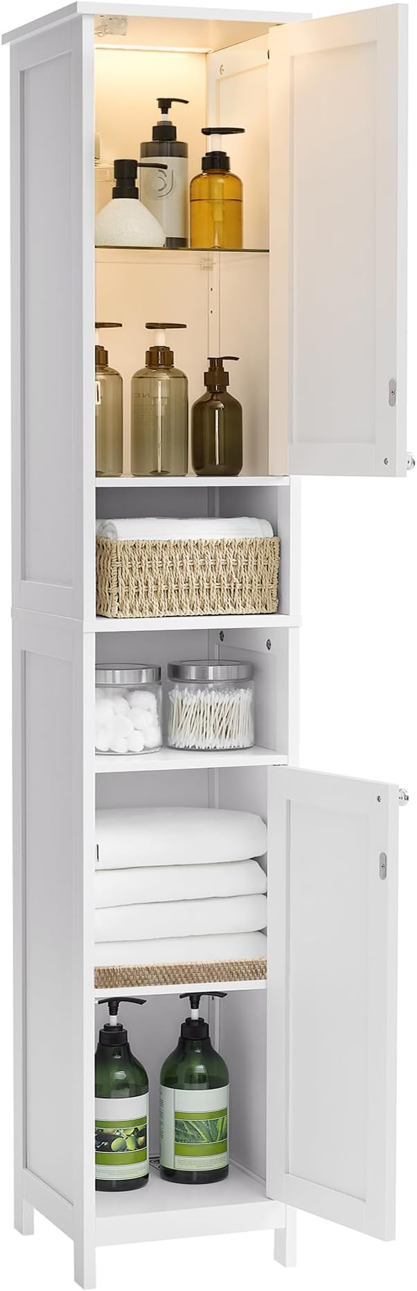 VASAGLE Tall Bathroom Cabinet with Lights, Slim Bathroom Storage Cabinet, Freestanding Narrow Storage Unit with Adjustable Shelves, Open Compartments, for Small Spaces, Modern, Cloud White BBC566W04