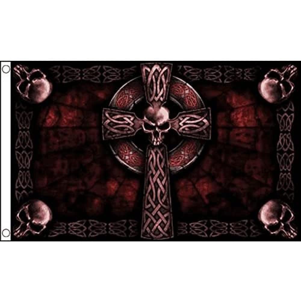 Drapeau De Table Tête De Mort Avec Croix Chrétienne - 21x14 Cm, Hampe 25 Cm, Socle Noir - Décoration Pirate Bureau Ou Intérieur