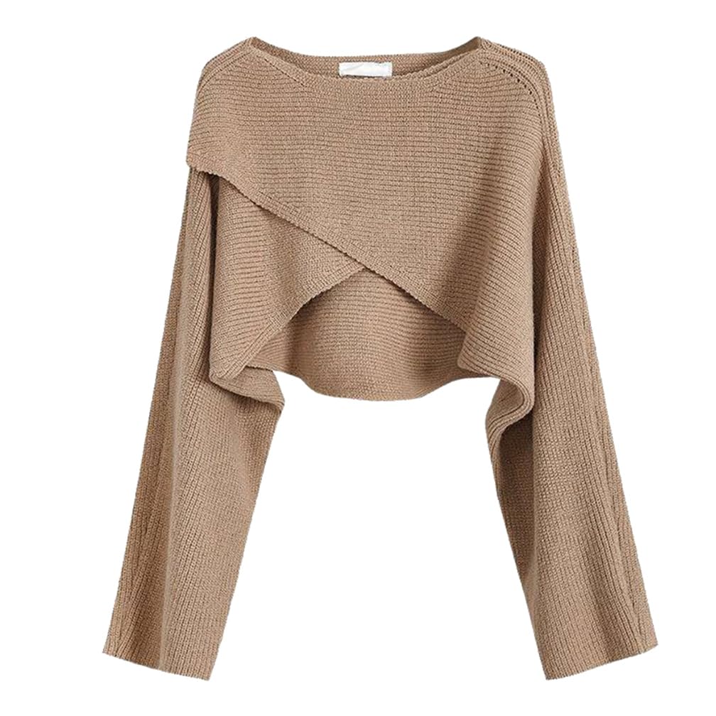 Women Elegant Crewneck Wrap Crop Sweater Top Solid Loose Fit Long Sleeve Cross Knitted Cropped Pullover Shrugs