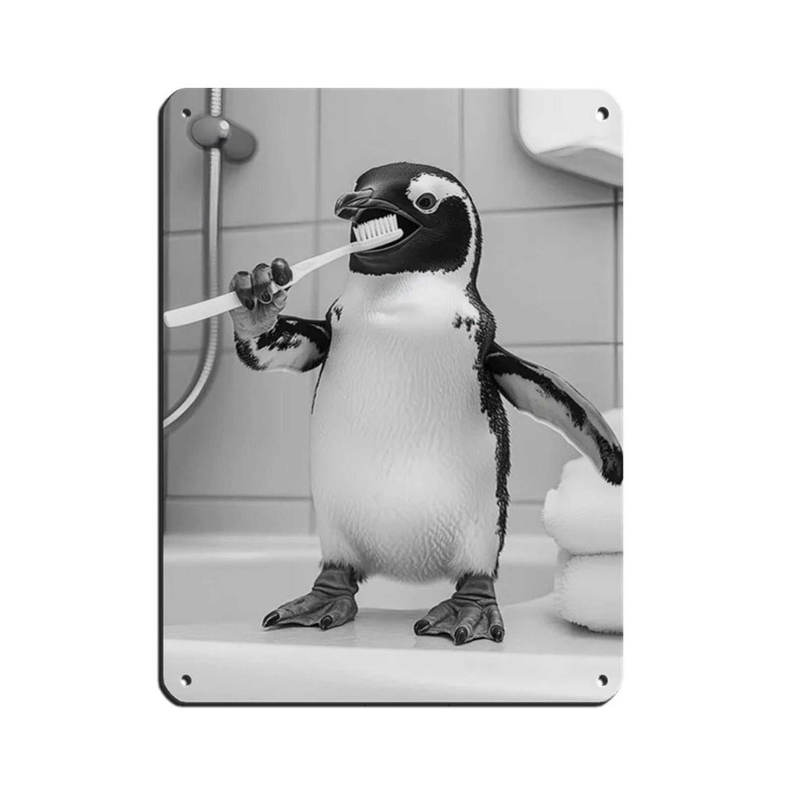 Penguin Brushing Teeth, Funny Bathroom Art Tin Sign Vintage Metal Pub Club Cafe Bar Home Wall Art Decoration Poster Retro 12x16inch(30x40cm)