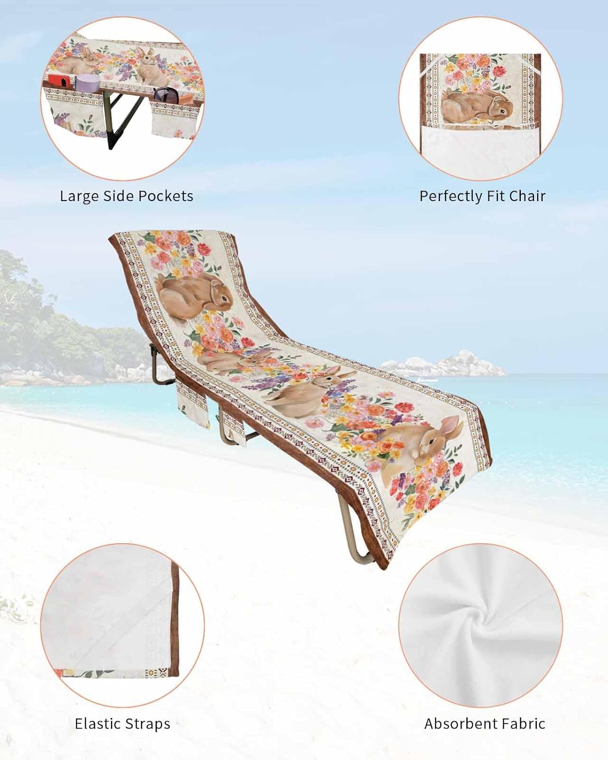 Southwest Easter Beach Pool Patio Lounge Chaise Chair Cover Towel With Pockets,Absorbent & Quick Dry Microfiber Towel Cover Bag Summer Accessories for Sunbathing Spring Plants Wild Flowers Rabbit Eggs