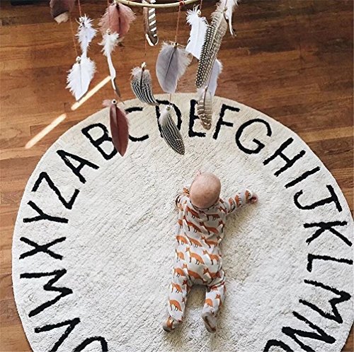 Image of ABC Nursery Rugs Round Kids Rug Circle Alphabet Rug Kids Play Mat for Infants Boys Girls Soft Cotton Carpet Educational Area Rug 47inch (White)