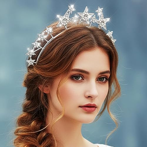 Miniatura 6 de CAKURE Diadema de corona con halo de estrellas, tiaras y coronas de estrellas de diamantes de imitación, diadema de María y diosa, accesorio para el