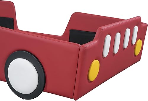 Miniatura 203 de Cama de plataforma en forma de auto de carreras con ruedas, cama de plataforma de madera tamaño individual con barandilla, cama de plataforma para