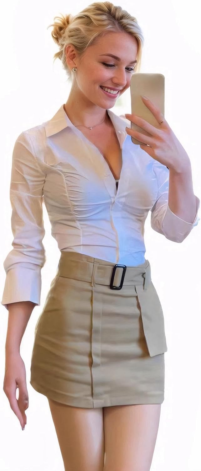 Slim Fitting Sexy Long Sleeved Shirt with Row Collar and Button Pleated Waist for Women's Shirt - Image 3