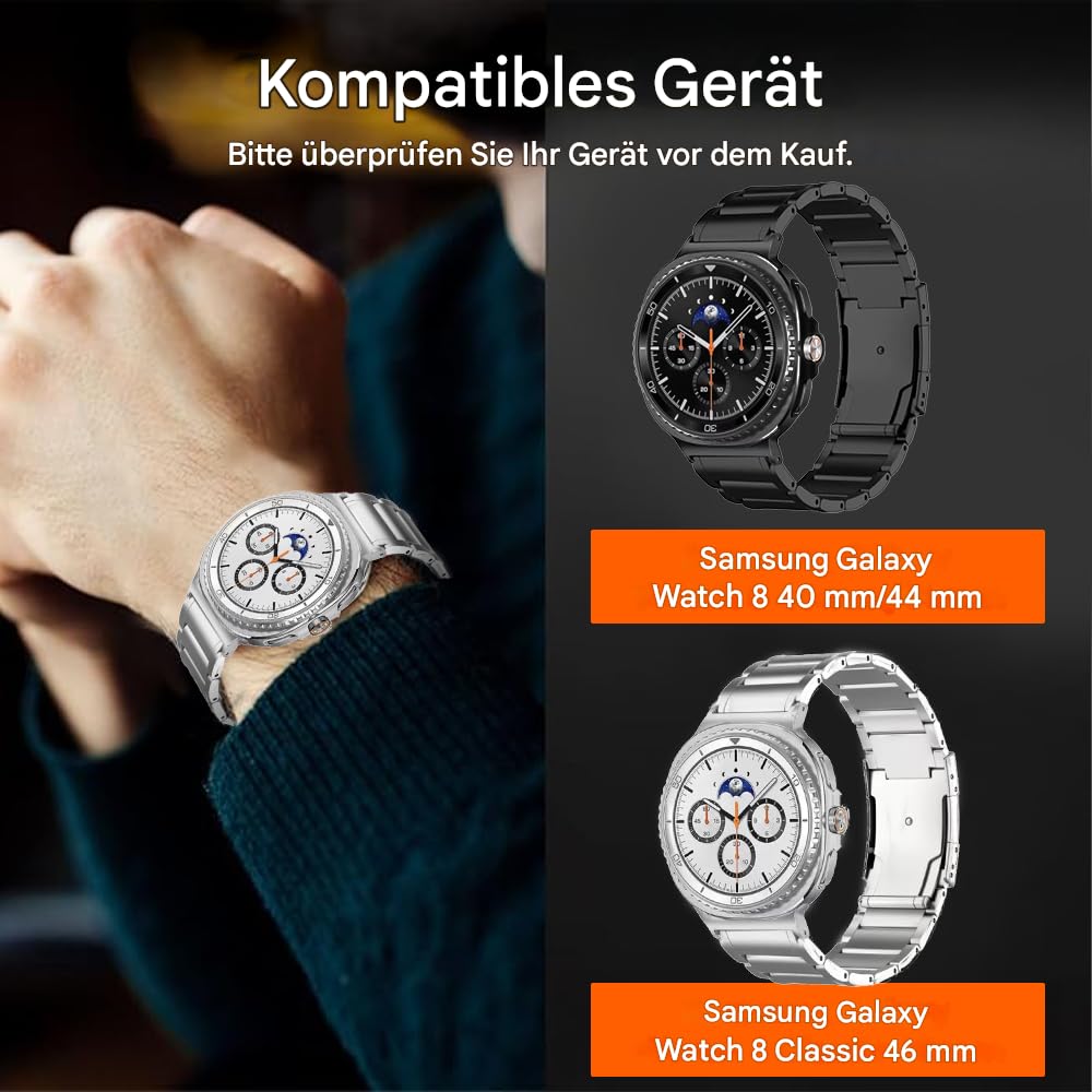Uhrenarmband aus Titanmetall, kompatibel mit Samsung Galaxy Watch 8 40 mm/44mm/8 Classic 46mm 2025,leichtes, Hautfreundliches, Wasserdichtes Ersatzarmband für Galaxy Watch 8 für Männer