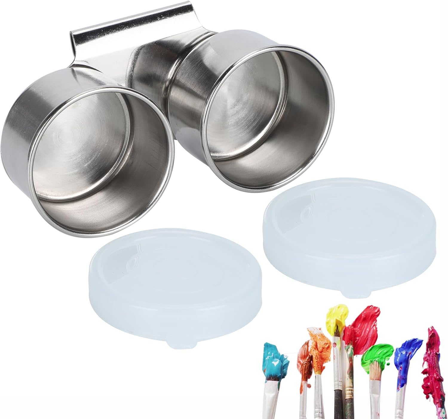 3 Pack Oil Painting Palette Cup with Lid, Stainless Steel Double Dipper Oil Painting Pot Container Palette Cup Oil Container for Watercolor Gouache Acrylic Painting