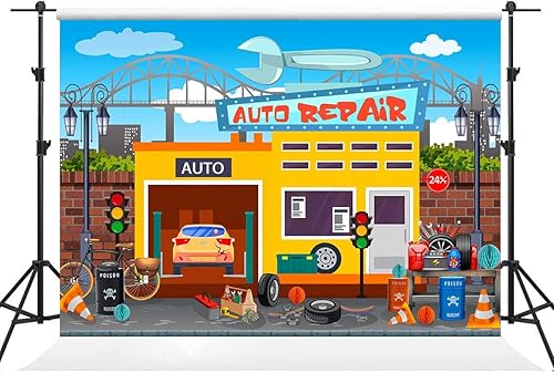 Miniatura 6 de Fondo de dibujos animados para taller de reparación de automóviles, mantenimiento de garaje, tienda de conveniencia, fondo de fotografía para niños,