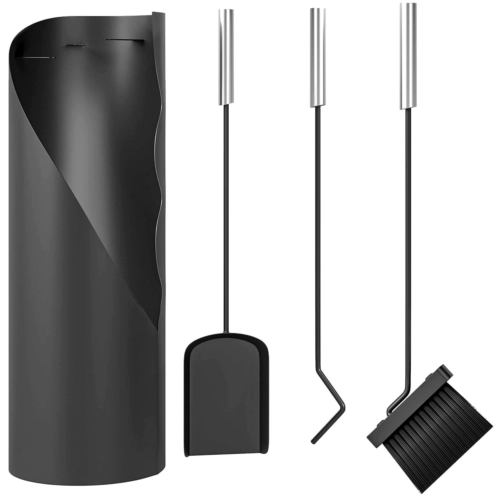 Outsunny Black 4 Pieces Fireplace Tools Set, Metal Fireplace Accessories Fireside Companion Set With Broom, Shovel, Poker And Bucket,