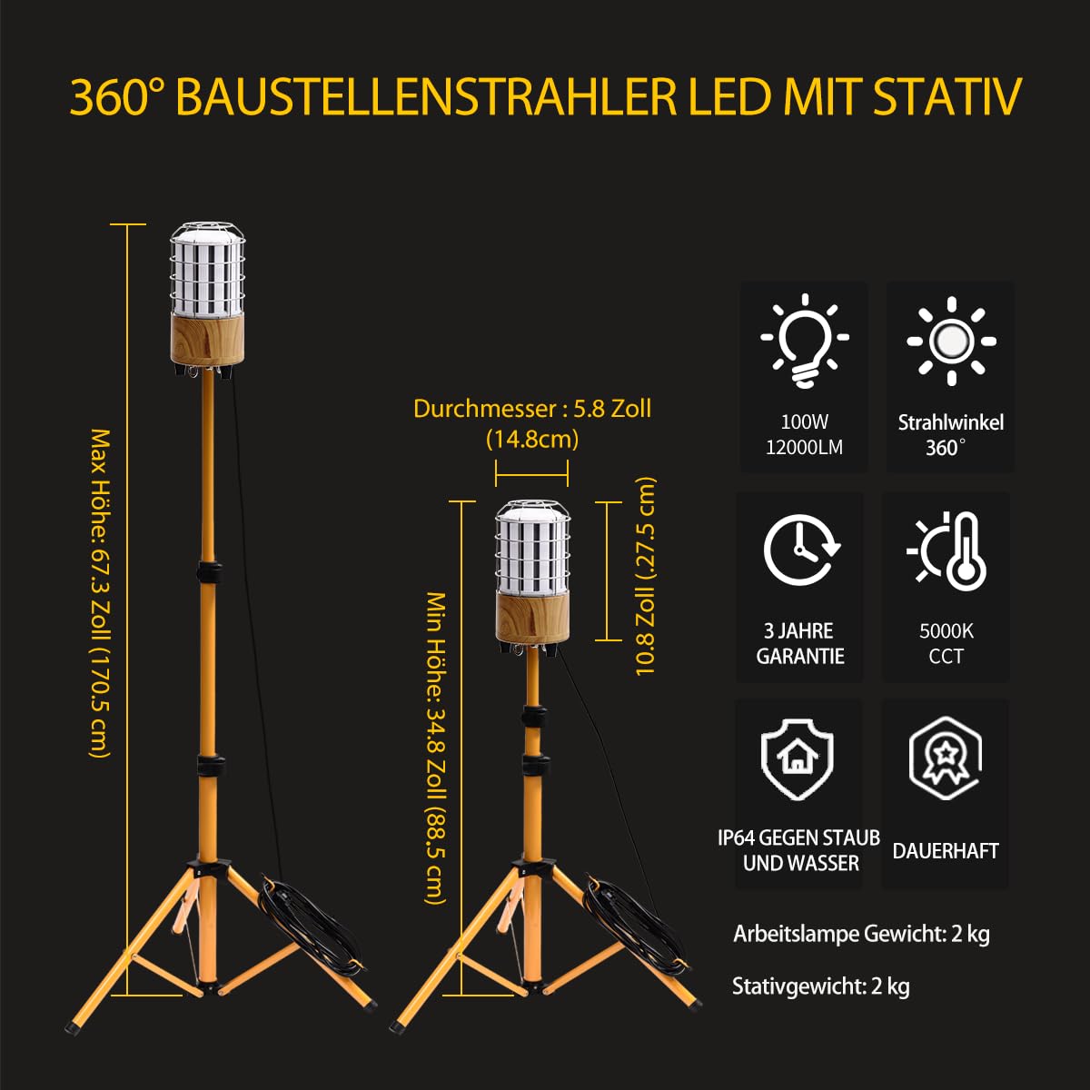 MeFard 12000 Lumen Led Baustrahler Arbeitsstrahler mit Stativ 100W Arbeitsstrahler mit Stecker 360° Rundstahl-Beleuchtung,Votage AC100-277V, IP64 wasserdicht