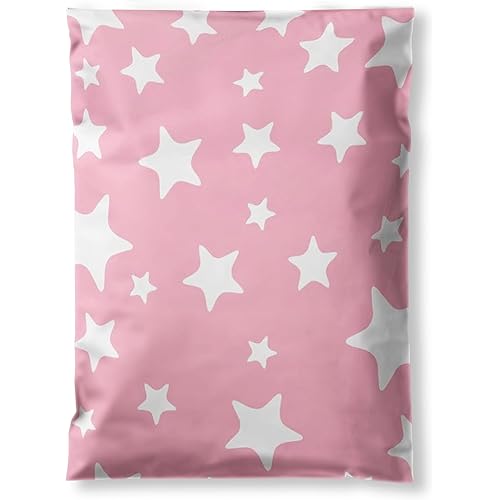 Shop4Mailers 10 x 13 Glossy Light Pink and White Stars Decorative Plastic Poly Mailer Bags Waterproof Shipping Mailing Envelope 2 Mil – Permanent Adhesive Seal (100 Pack, L. Pink)