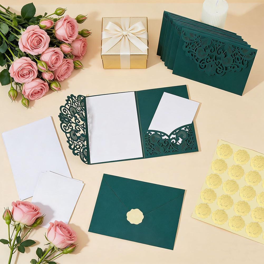 OLYCRAFT 20 Sets Dark Green Laser Cut Wedding Invitations with Envelopes and Stickers Tri-fold Wedding Invitation Kit for 5x7 Inch Wedding Cards for Wedding Anniversary (2 Sizes Inserts Included)