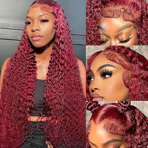 ZHUO JIA 99j Burgundy Lace Front Wigs Human Hair Pre Plucked 30 Inch Deep Wave Wig Human Hair for Women 180% Density Transparent 13x4 HD Lace Front Wigs Bleached Knots with Baby Hair (30 Inch) Cover