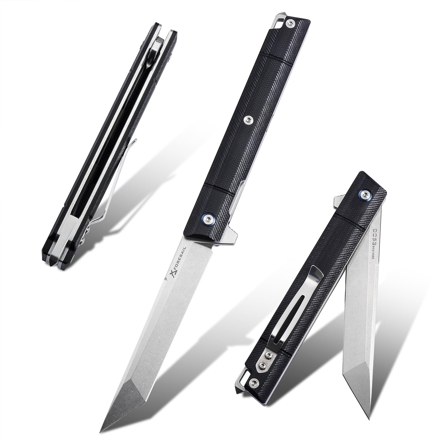 FORESAIL Flipper Pocket Folding Knife,DC53 Steel Blade and G10 Handle. With pocket clip and glass breaker,men's pocket knife hiking trip EDC tool Knife (Stone Wash Blade-T)