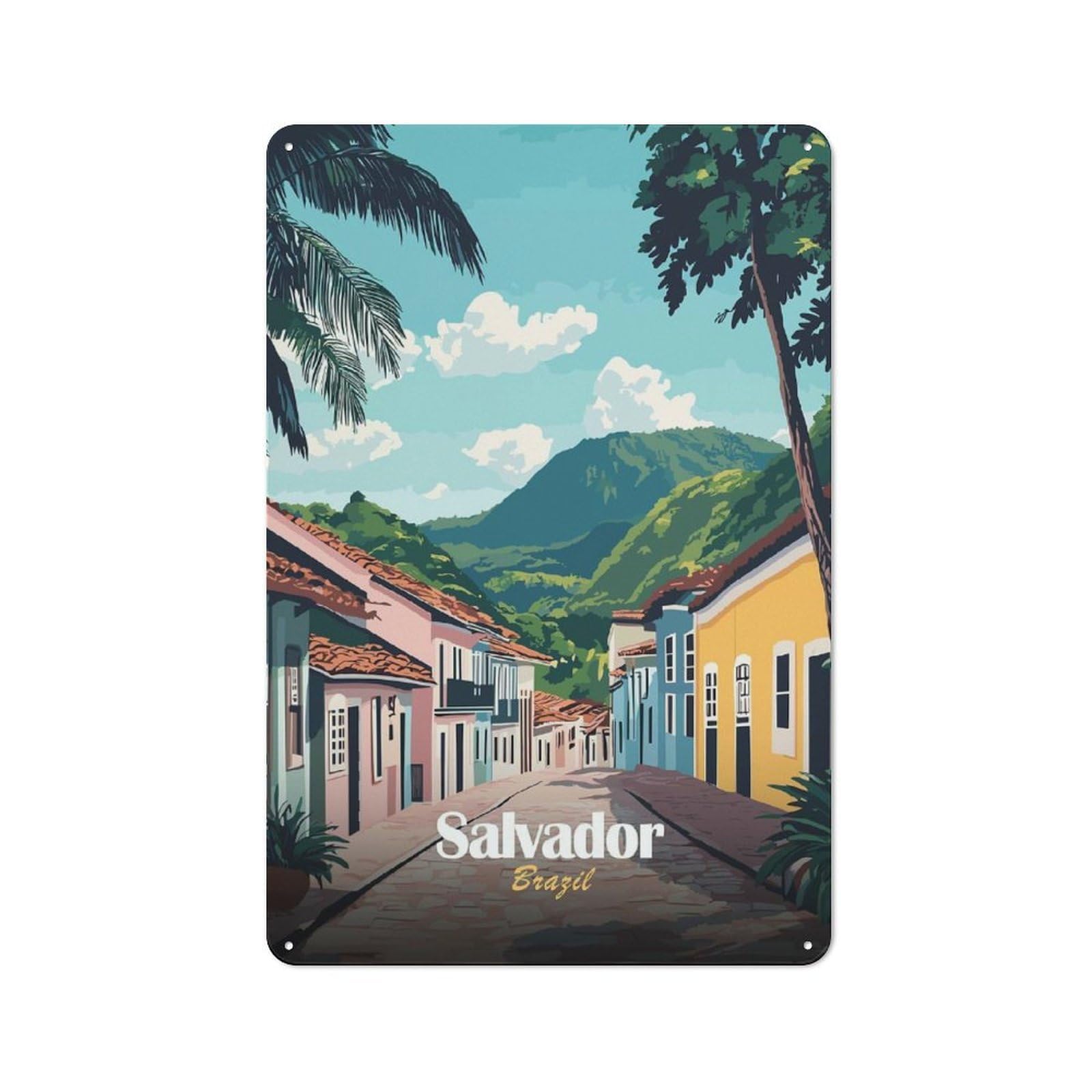 Loft Style Salvador, Brazil Street Scene Decorative Metal Plaque 30x20cm, Studio Wall Art for Workspace, Cafe, Hallway Or Garage