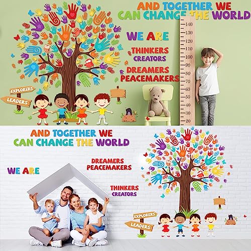 156Pcs Classroom Tree Bulletin Board Decorations Set Together We Can Change The World Wall Bulletin Decor With Handprint Cut-Outs And Animal Butterfly Owls Letter Accents For School Blackboard Decor #TOP6