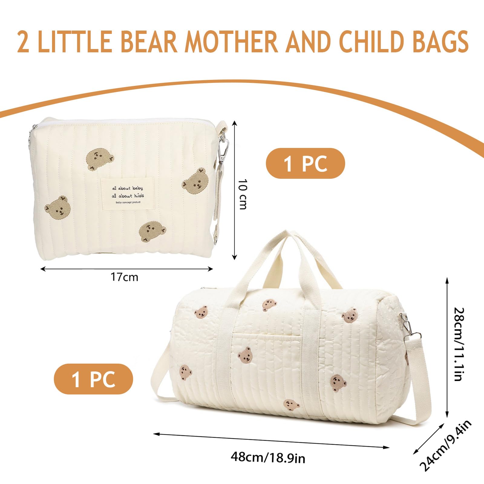 Wickeltasche Kinderwagen Baby Bag Babytasche 2er Set, Mama Tasche mit Bären-Stickerei für Geburt Kliniktasche Reisen, Groß Wickeltasche Tote für Mama und Baby